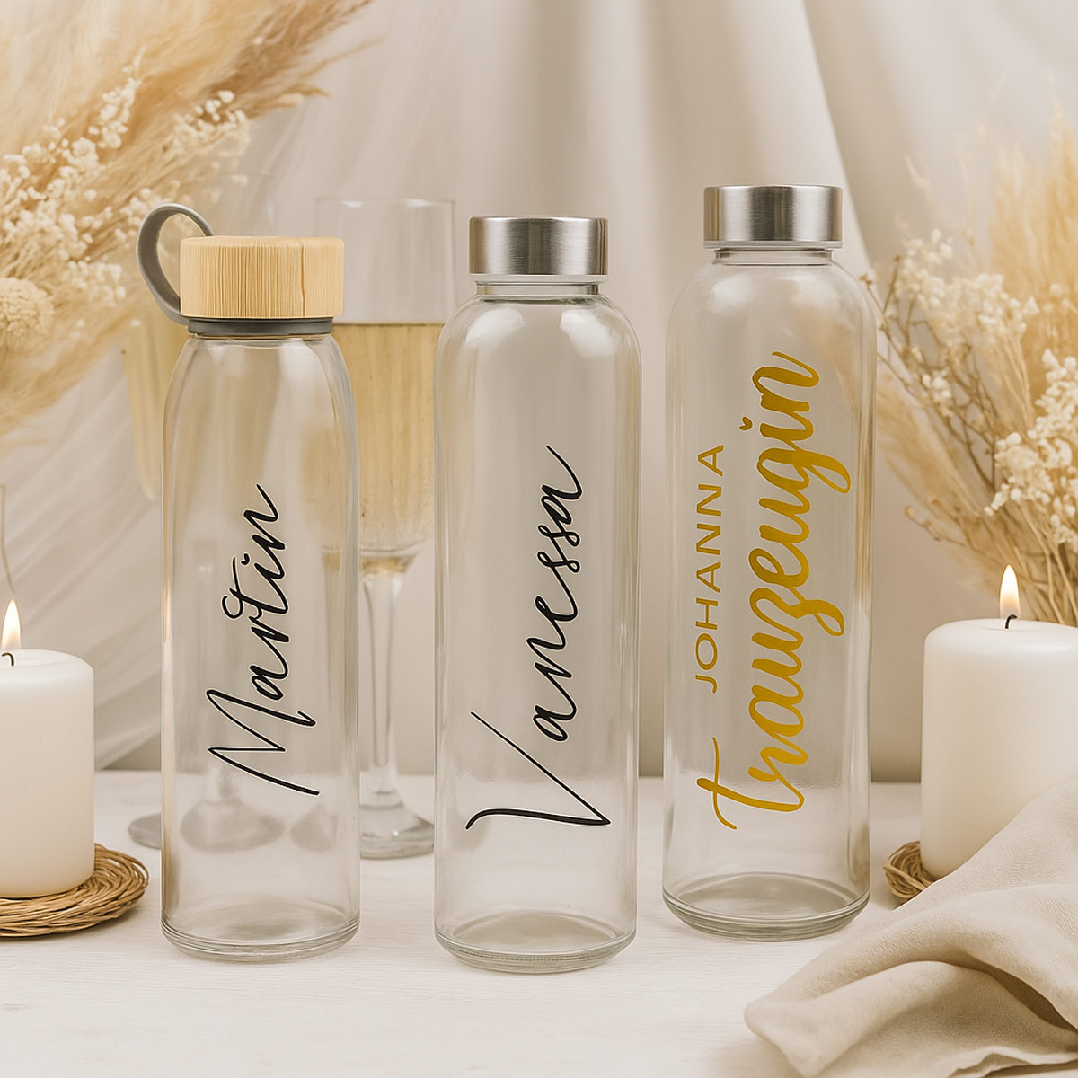 Personalisierte Glasflasche mit Name – 500ml / 750ml | Wunschtext | Geschenkidee | Bambus- oder Edelstahlverschluss