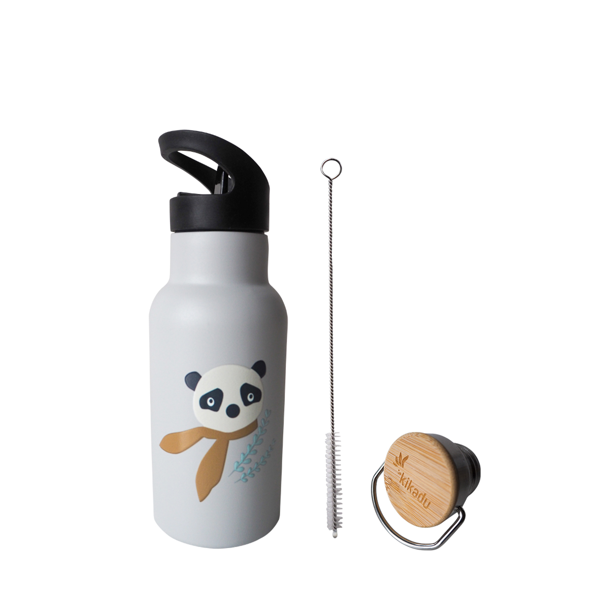 kikadu - Trinkflasche Panda - Kindertrinkflasche - Pandabär - Silber Grau