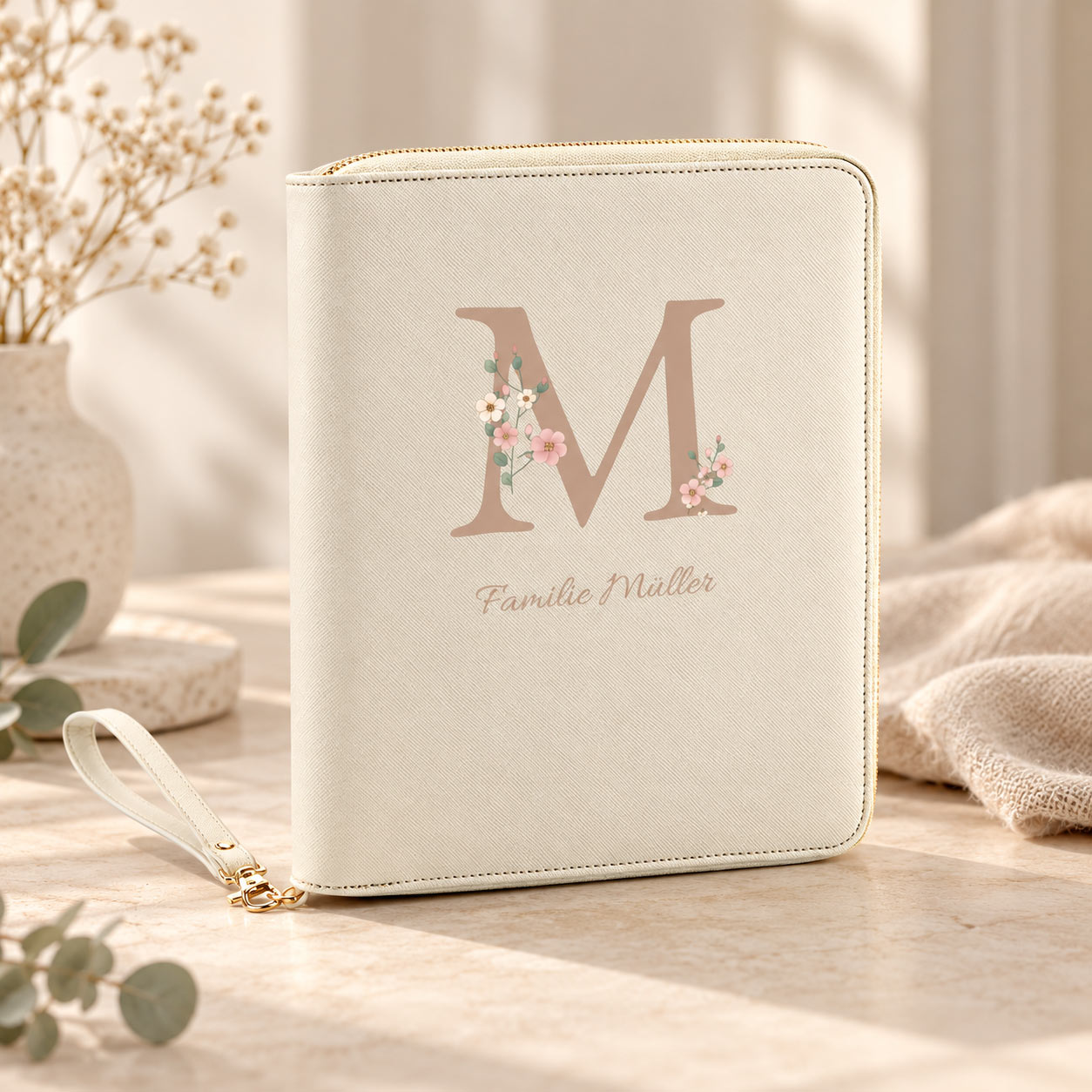 Reiseorganizer personalisiert mit floralem Initial & Namen – Kunstleder