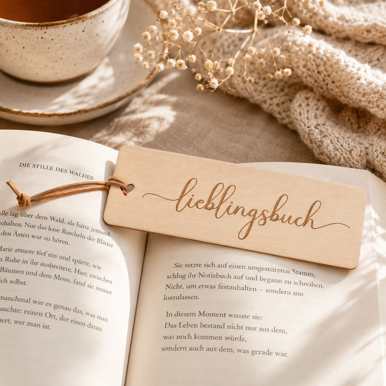 Lesezeichen aus Holz | Buchzeichen mit Spruch | Personalisiertes Lesezeichen mit Lederband
