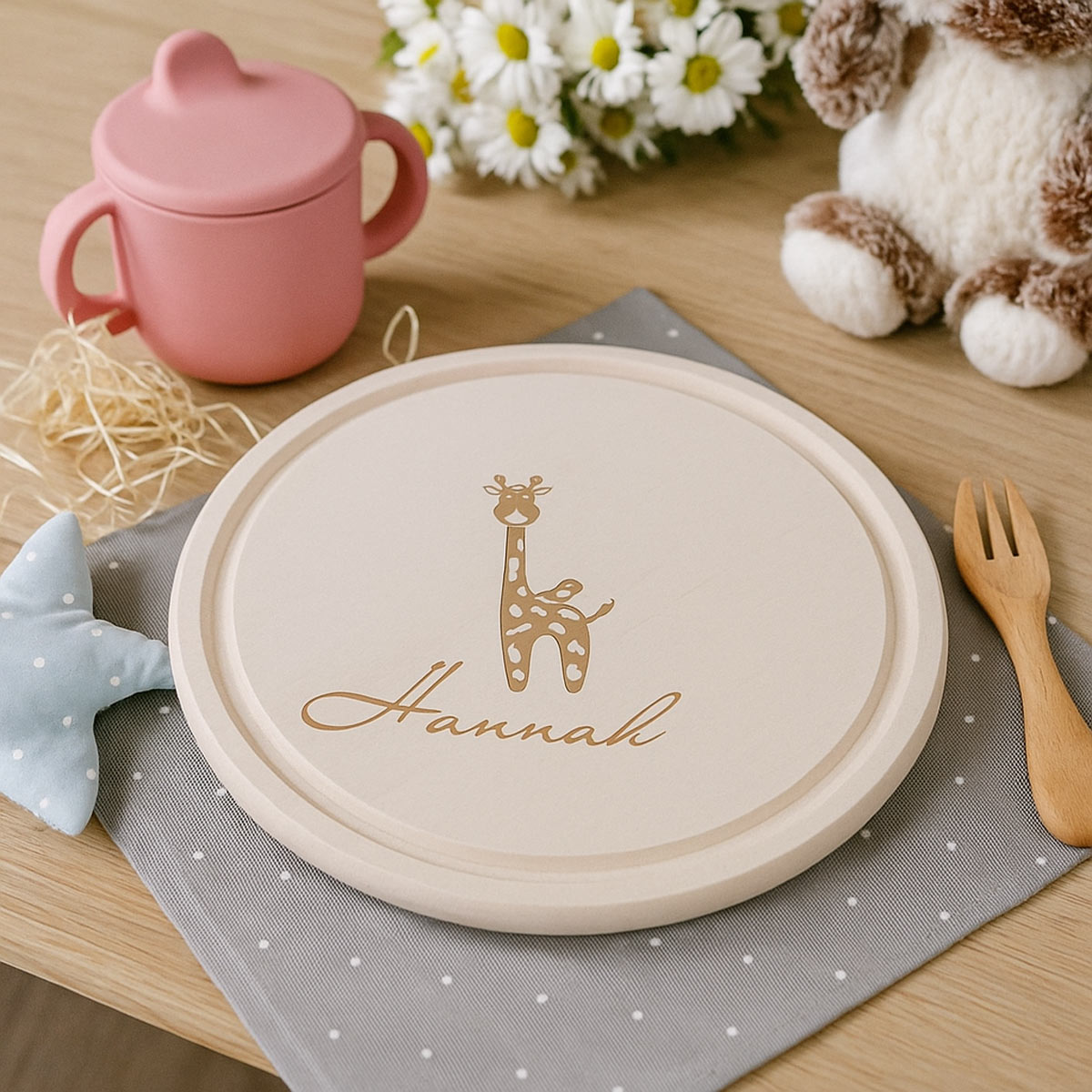 Personalisiertes Kinder-Frühstücksbrett aus Holz – mit Namensgravur & Tiermotiv
