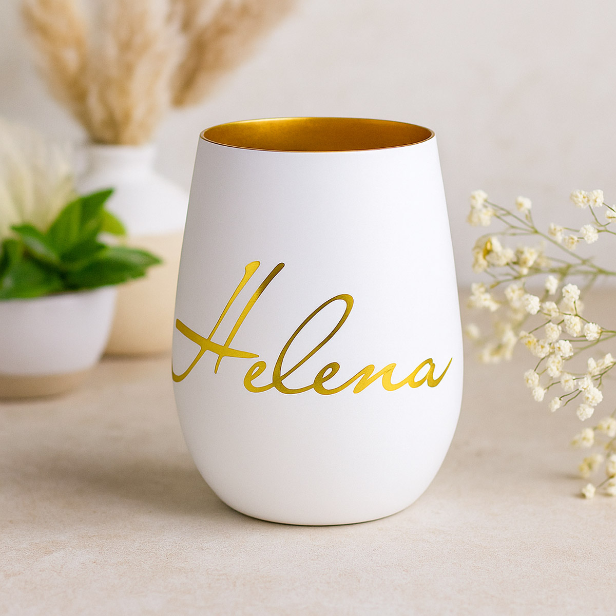 Personalisierte Longdrinkgläser mit Namen – Matt Schwarz oder Weiß mit Gold-Innenseite | Edles Trinkglas 465 ml | Geschenk zur Hochzeit & Geburtstag