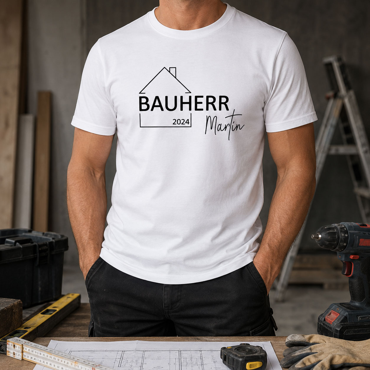 Personalisiertes Bauherr T-Shirt mit Name und Jahreszahl