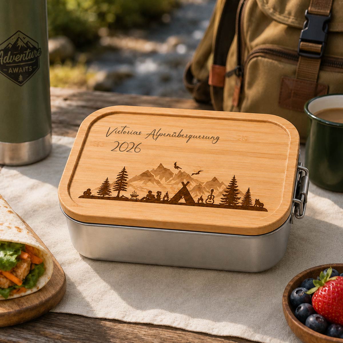 Lunchbox mit graviertem Bambusdeckel | Personalisierte Brotdose mit Outdoor-Motiv