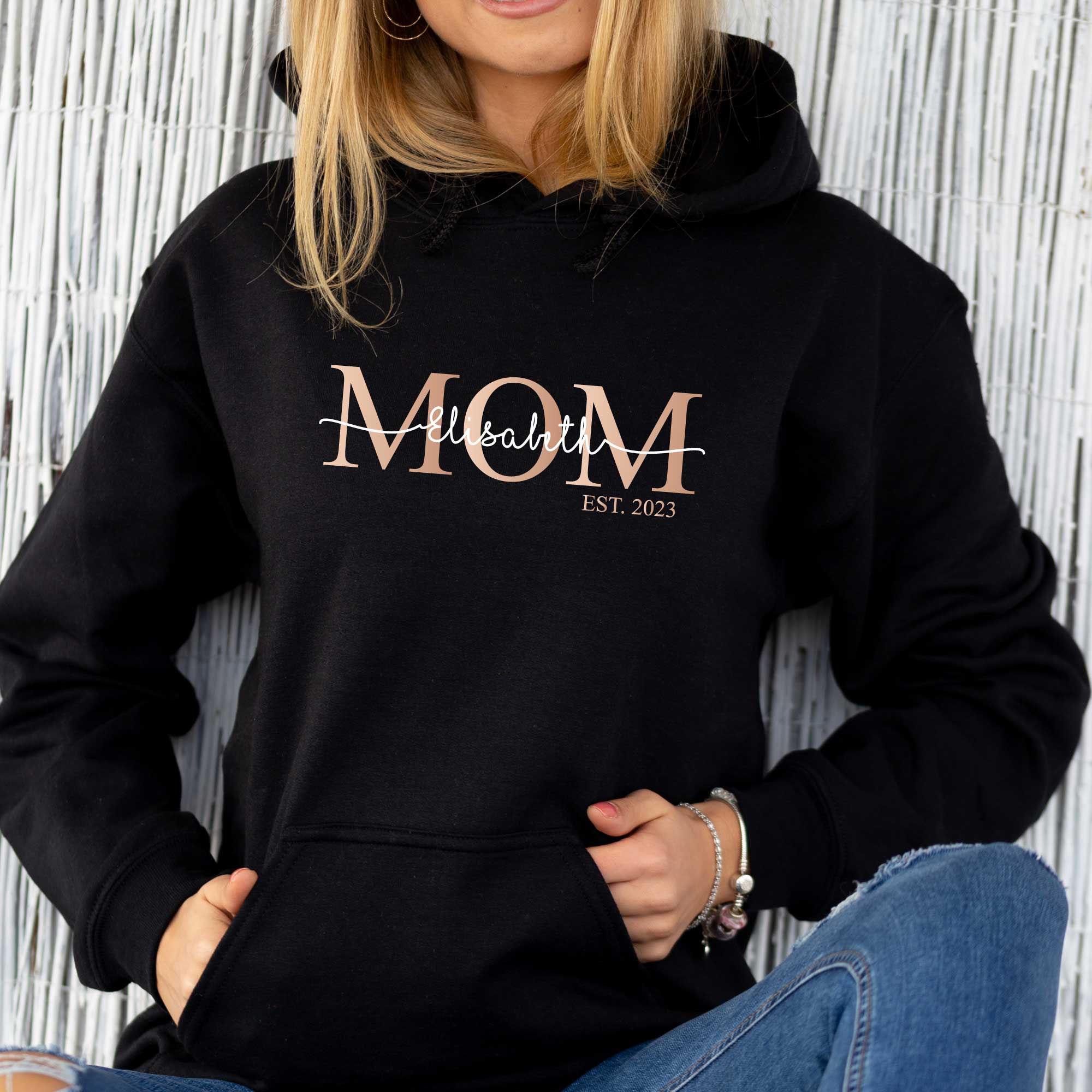 Hoodie-schwarz_rosegold MOM Hoodie - Farbe: Schwarz - Aufdruck: Roségold / weiß