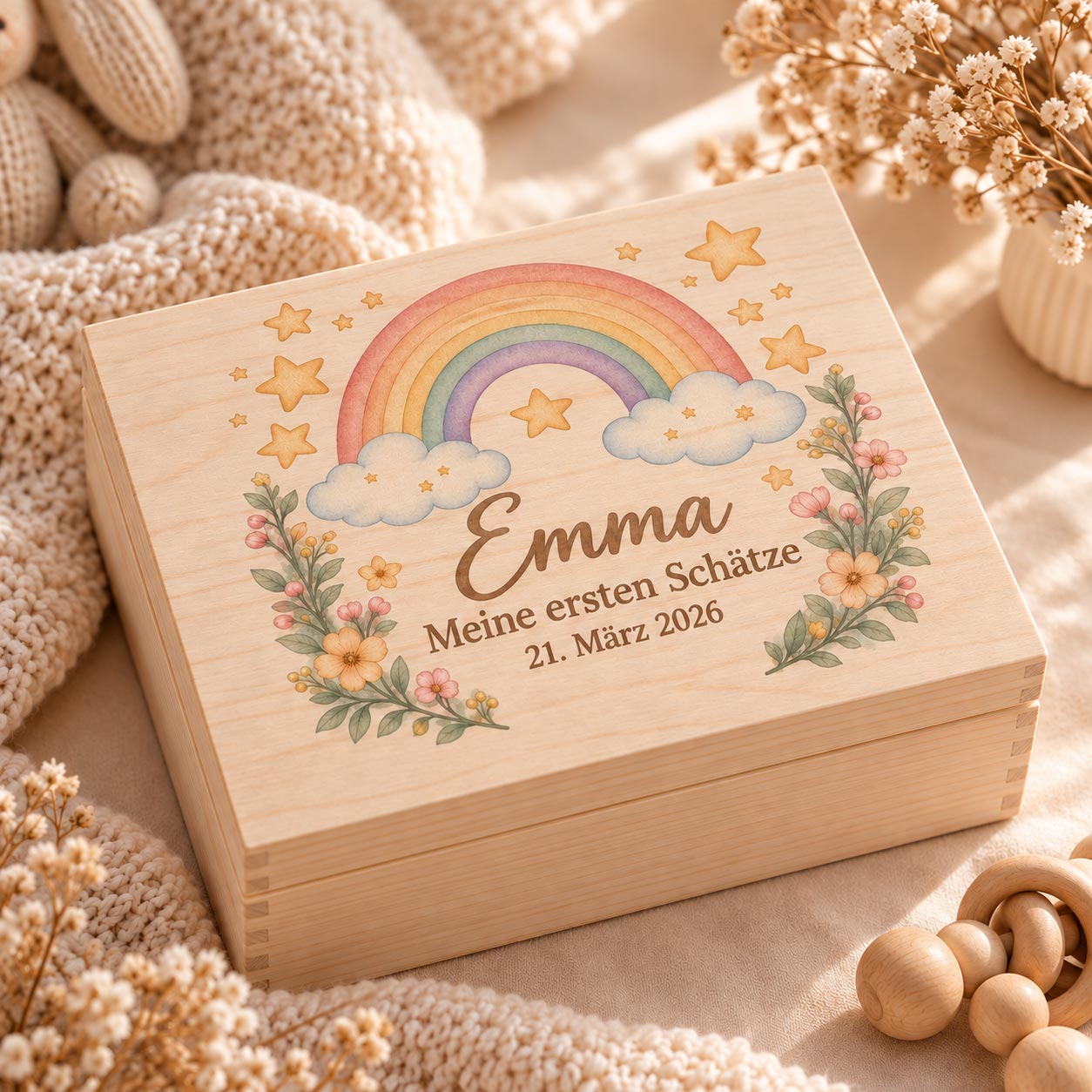 Personalisierte Erinnerungskiste Baby aus Holz mit Namen