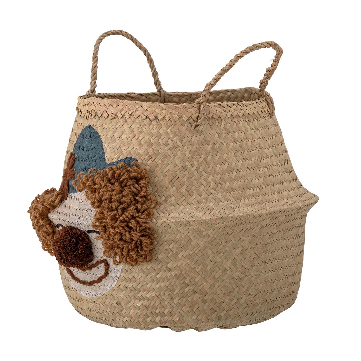 Rattan_Korb_Clown_82054113_1 Geflochtener Korb aus Seegras mit Clown-Gesicht - Seitenansicht
