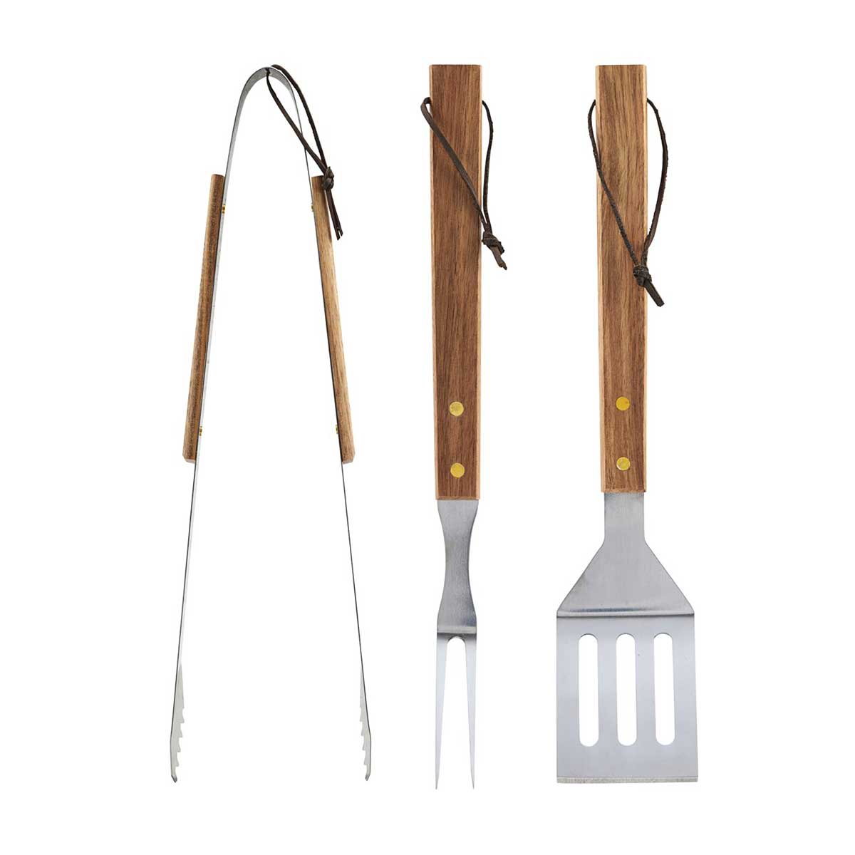 BBQ_Grillset_Edelstahl_106660402 Grillbesteck aus Edelstahl mit Holzgriffen und Lederband