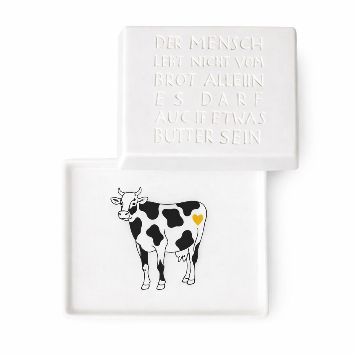 Räder – Butterdose 'Der Mensch lebt nicht ...' – Porzellan Butterglocke mit Kuhmotiv