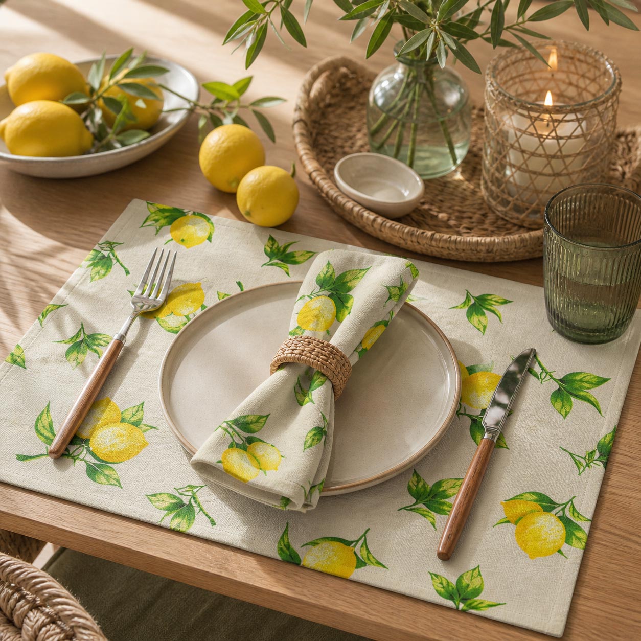 Mediterranes Platzset Zitronen 4er Set aus Baumwolle in Leinenoptik