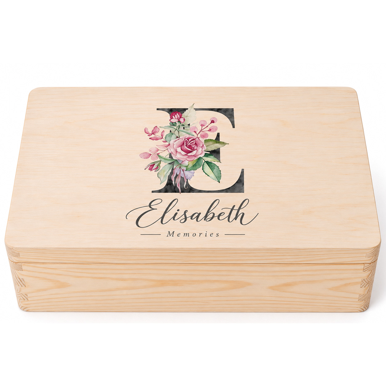 Personalisierte Erinnerungskiste aus Holz mit floralem Initial & Namen