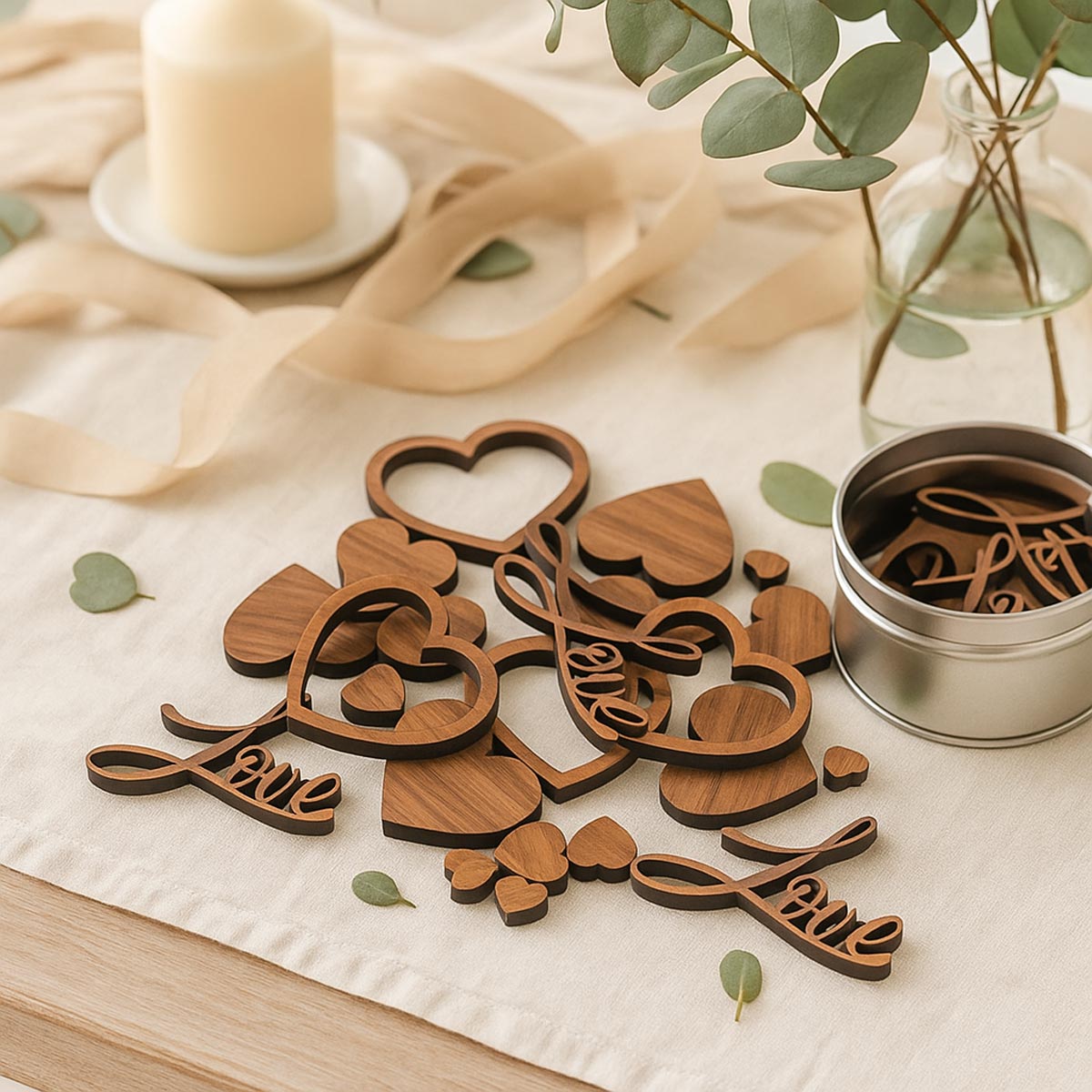Streudeko Holz "LOVE" mit Herzen – 25 Stück Walnuss Vollholz – Romantische Tischdeko für Hochzeit, Candle Light Dinner & besondere Anlässe Streudeko Holz "LOVE" mit Herzen – 25 Stück Walnuss Vollholz – Romantische Tischdeko für Hochzeit, Candle Light Dinner & besondere Anlässe