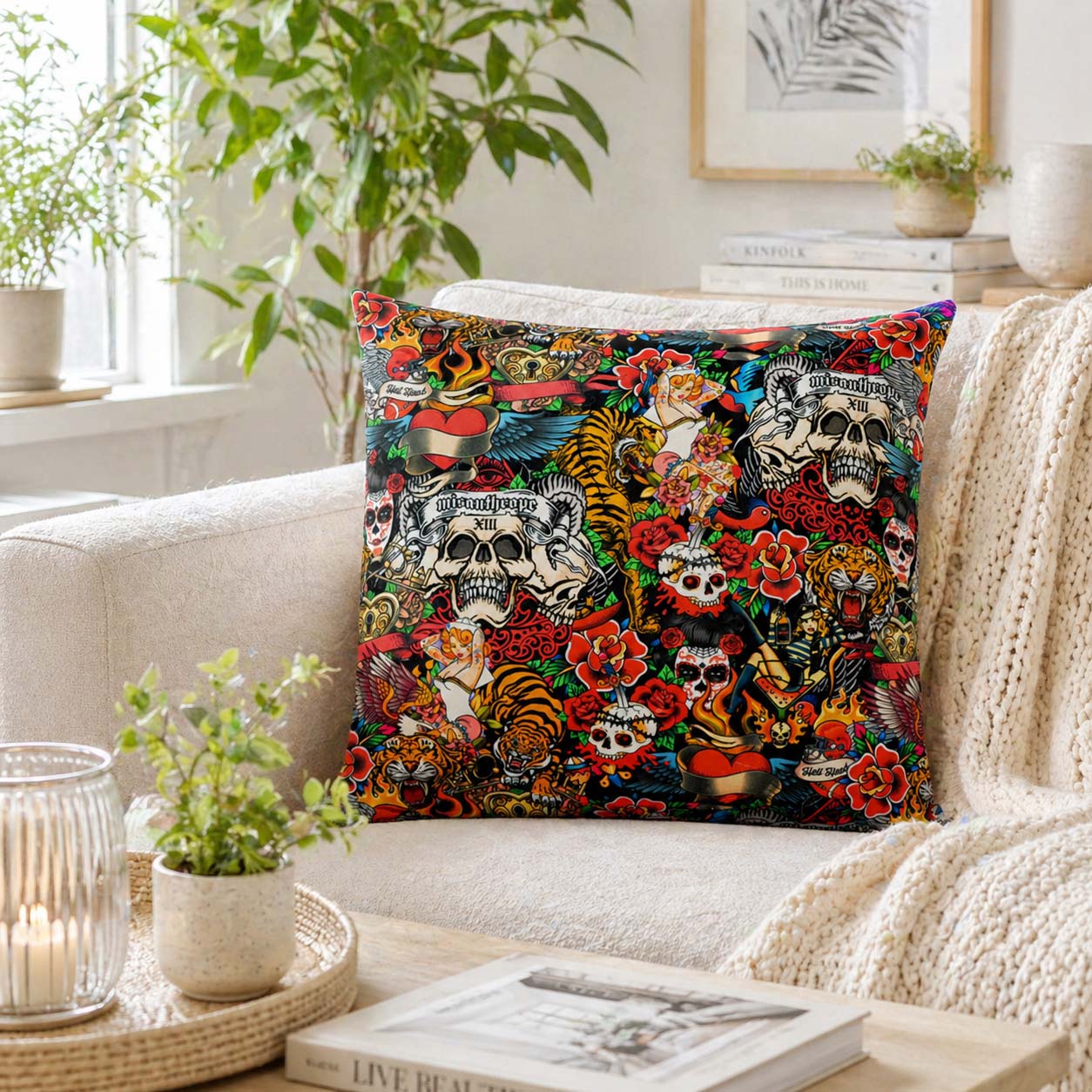 Samtkissen mit Totenkopf | Dekokissen Rockabilly | Couchkissen mit Rosenmuster | Kissen Rock 'n' Rol