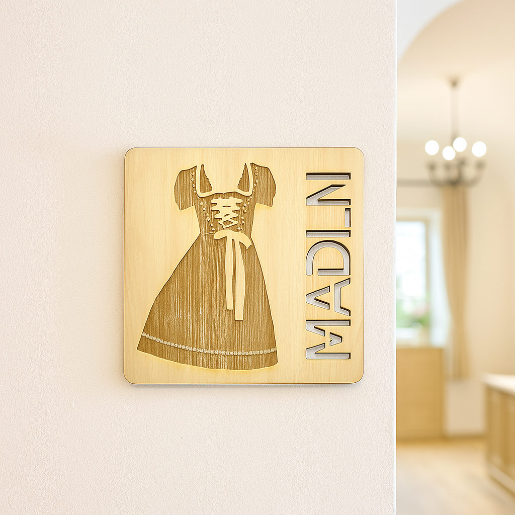 Bayerische Toilettenschilder "Madln & Buam" aus Holz – WC Schilder mit Dirndl & Lederhosn Gravur, 2er Set