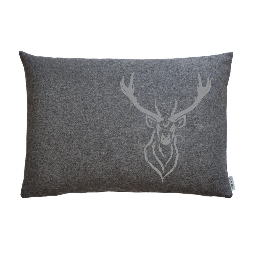 Filzkissen-mit-Hirsch-grau_1 Kissen Geweih Wollfilz Hirsch Samtdruck grau meliert