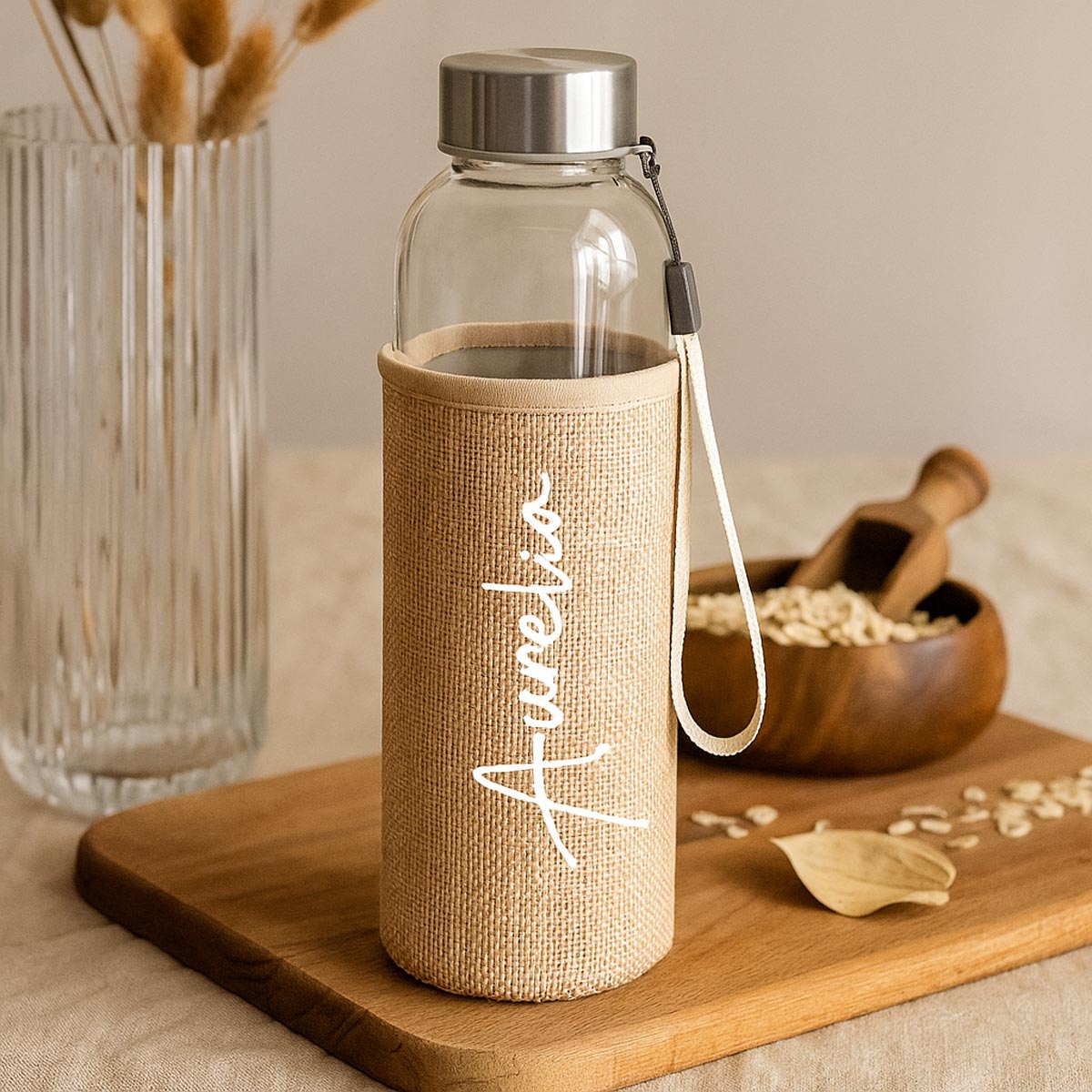 Nachhaltige Glasflasche 500ml mit personalisierter Jutehülle – Trinkflasche mit Namen – Auslaufsicher & plastikfrei