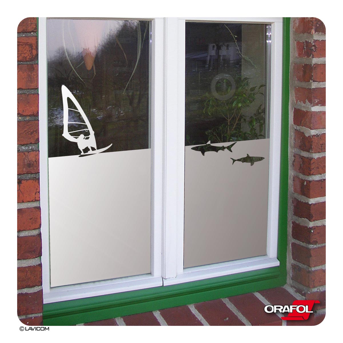 EG009 Sichtschutz Fensterfolie - Surfer & Hai - Sichtschutzfolie Glasdekorfolie blickdicht Sandstrahloptik