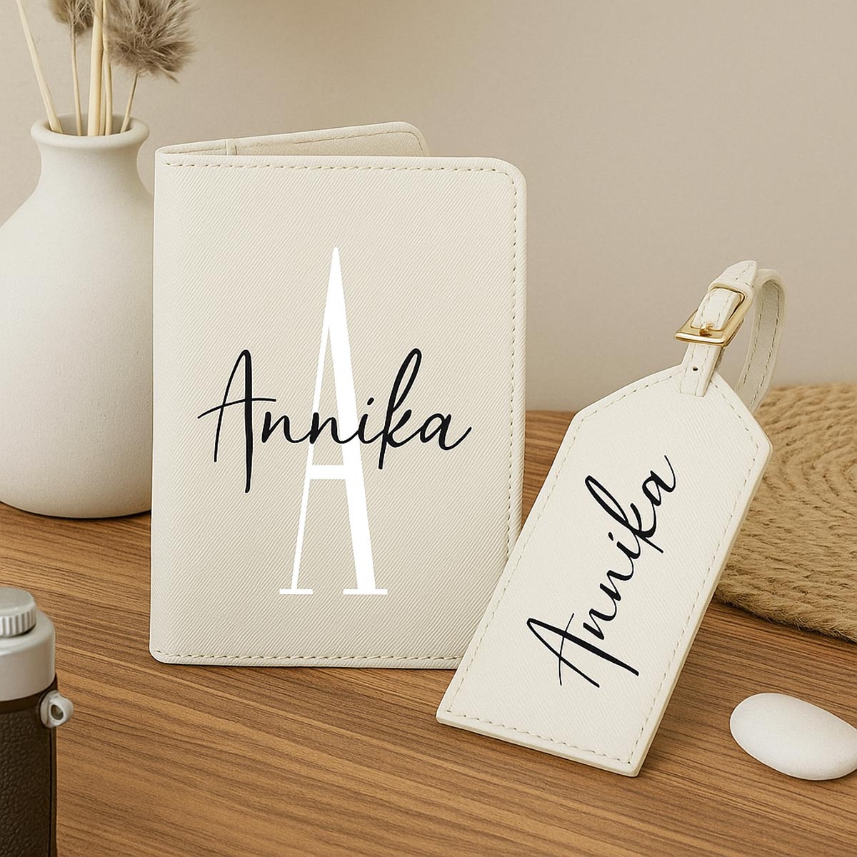 Reise-Set mit Namen, Personalisiertes Travel-Set, Reisepass-Hülle, Initiale, Wunschname, Pass-Etui & Kofferanhänger, Urlaub