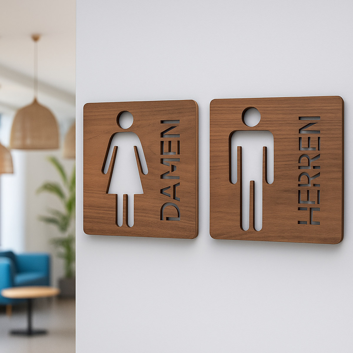 WC-Piktogramm "Damen / Herren" aus Holz | Toilettenschild Eiche oder Walnuss