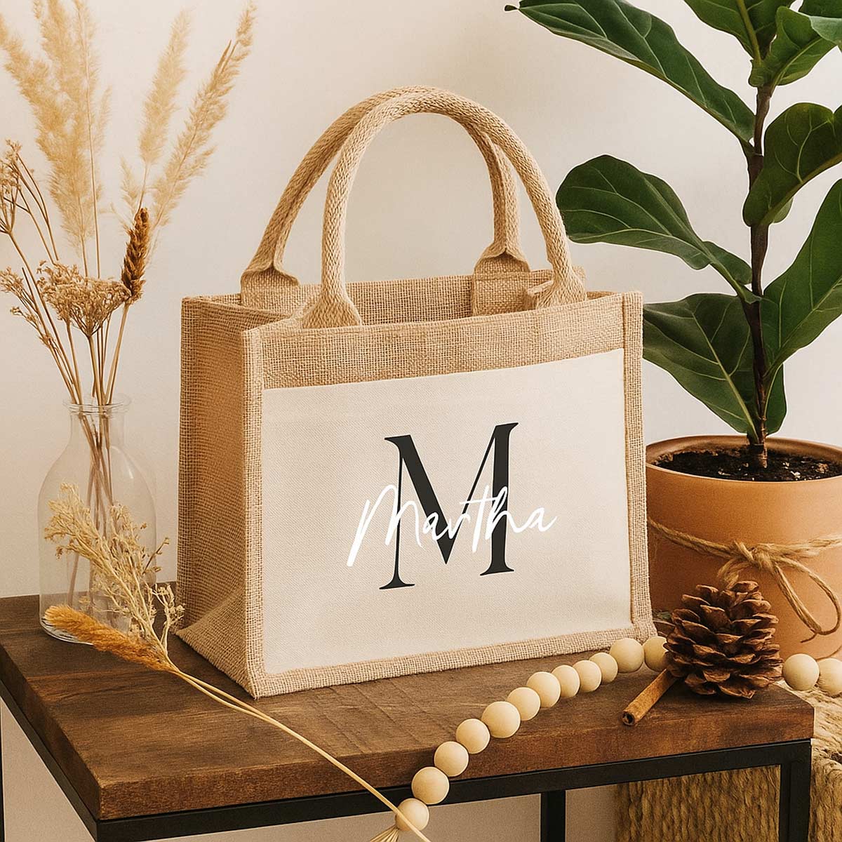 Personalisierte Jutetasche mit Initial & Name – Nachhaltiger Shopper aus Jute mit Canvas-Front – Geschenkidee für Frauen, Hochzeit & Alltag