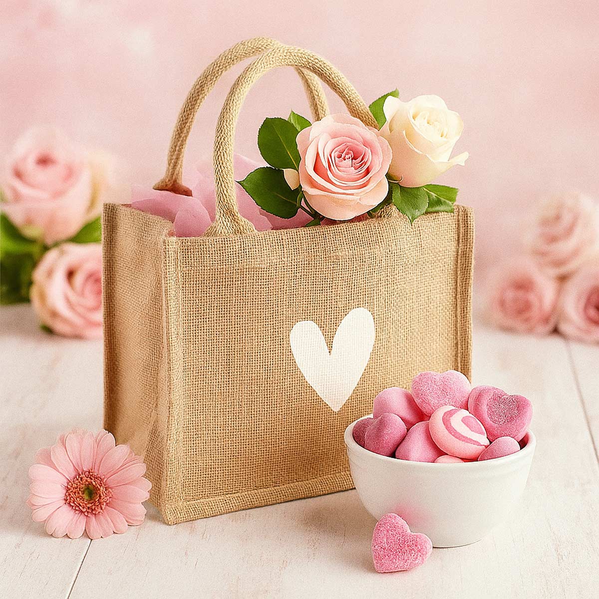 Jutetasche mit Herz – Nachhaltige Geschenktasche aus Jute – Shopper für Blumen, Süßigkeiten, Wellness & Beauty
