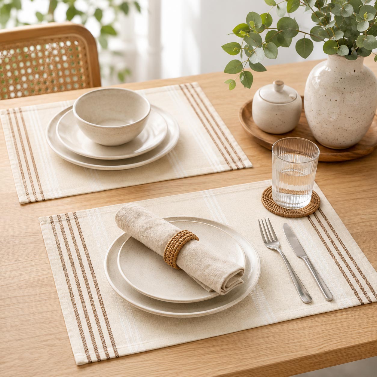 Tischset Beige Braun 4er Set – Platzsets mit Streifen in Leinenoptik