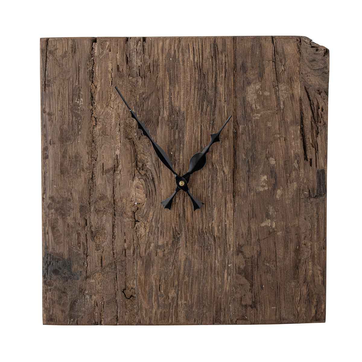 Quadratische Wanduhr aus dunklem recyceltem Altholz