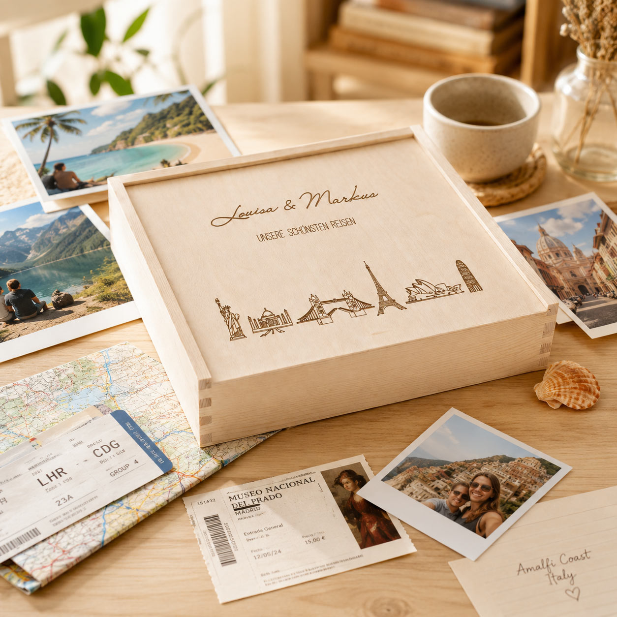 Personalisierte Erinnerungsbox Reise | Holzkiste mit Schiebedeckel für Fotos, Tickets & Urlaubserinnerungen