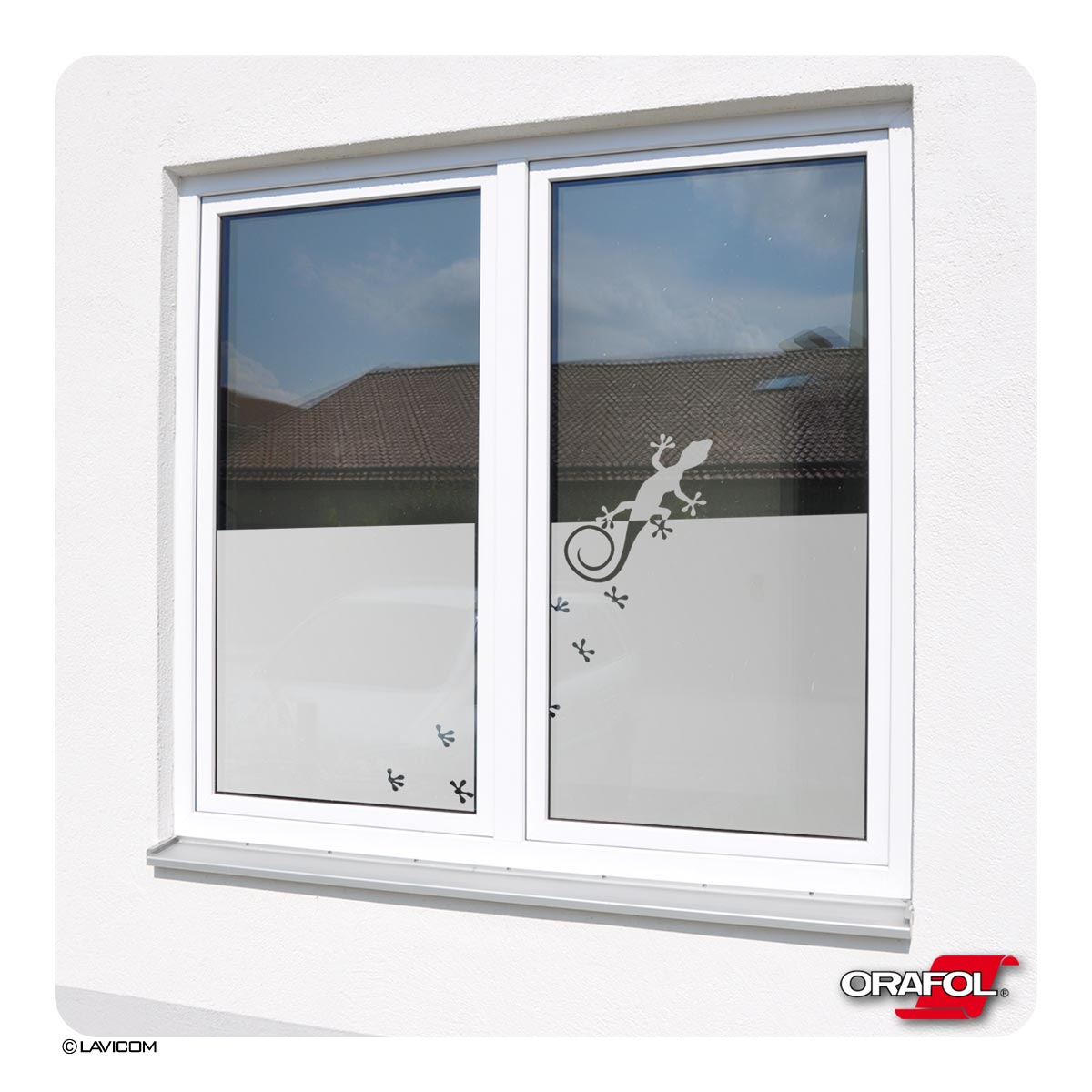 EG008 Sichtschutzfolie mit Gecko - Glasdekorfolie in Sandstrahloptik