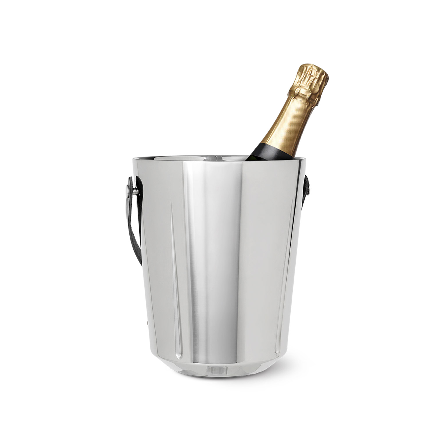 Champagnerkuhler-grand-cru1 Stilvoller Champagnerkühler aus Edelstahl mit Lederriemen mit Flasche