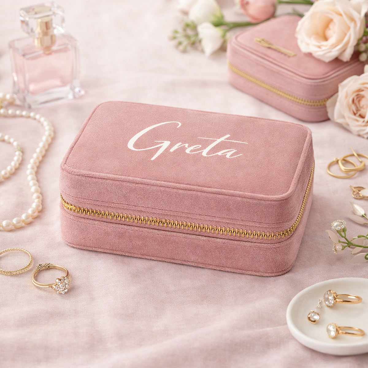 Personalisierte Schmuckbox aus Samt – Travel Jewellery Box mit Namen