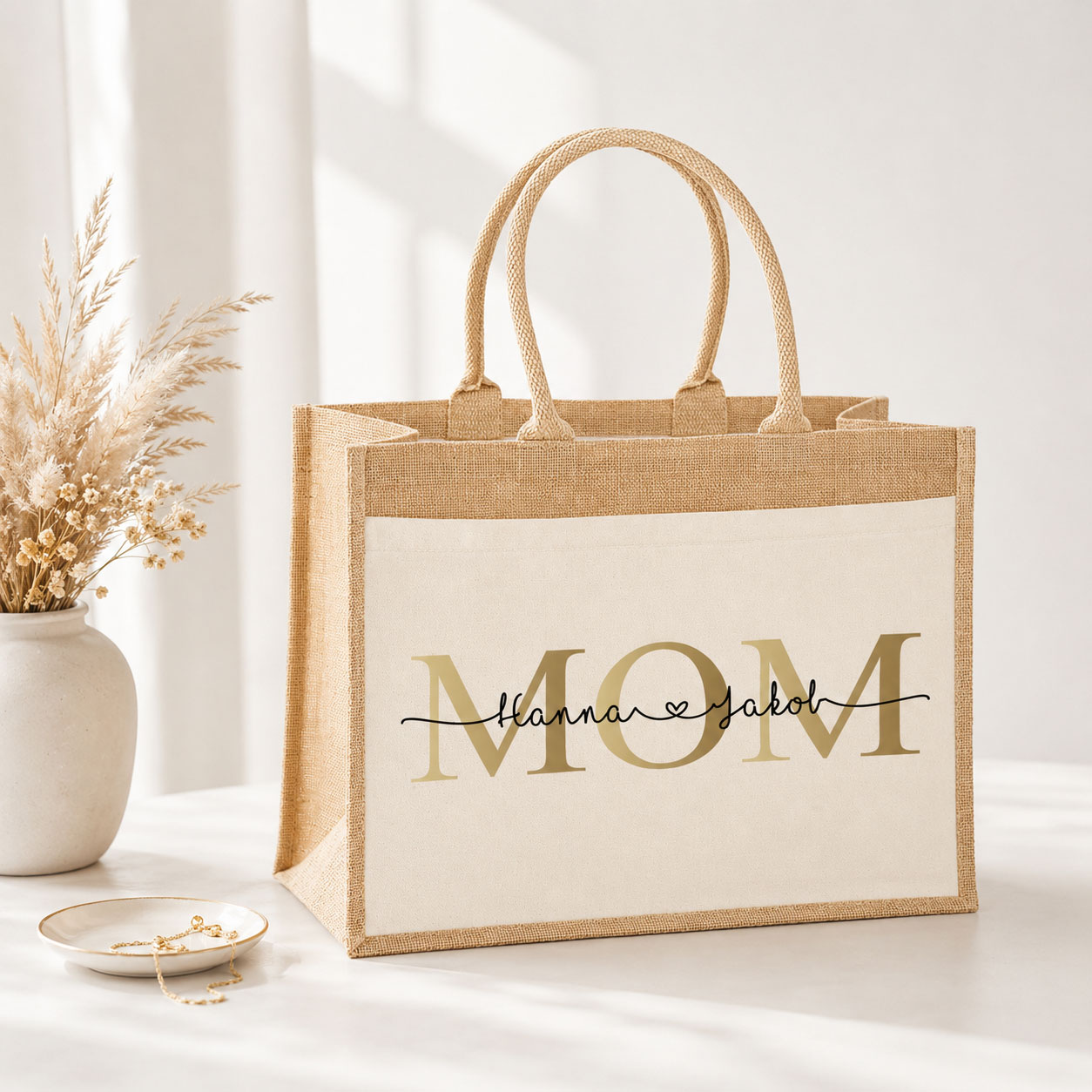 Personalisierte MOM Jutetasche mit Namen – Große Einkaufstasche für Mama