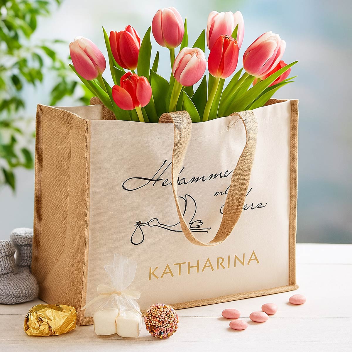Personalisierte Jute-Tasche Hebamme mit Herz | Nachhaltiger Shopper mit Wunschnamen & Storch | Geschenkidee für Hebammen