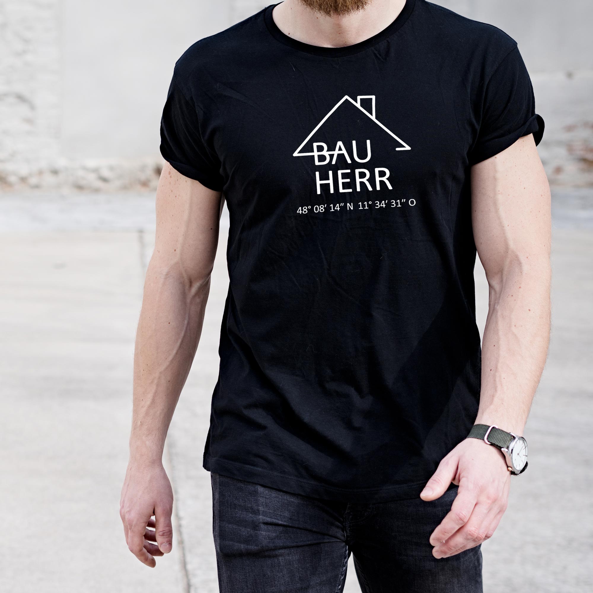 Bauherr_3_schwarz_2 Personalisiertes Herren T-Shirt - Wunschkoordinaten