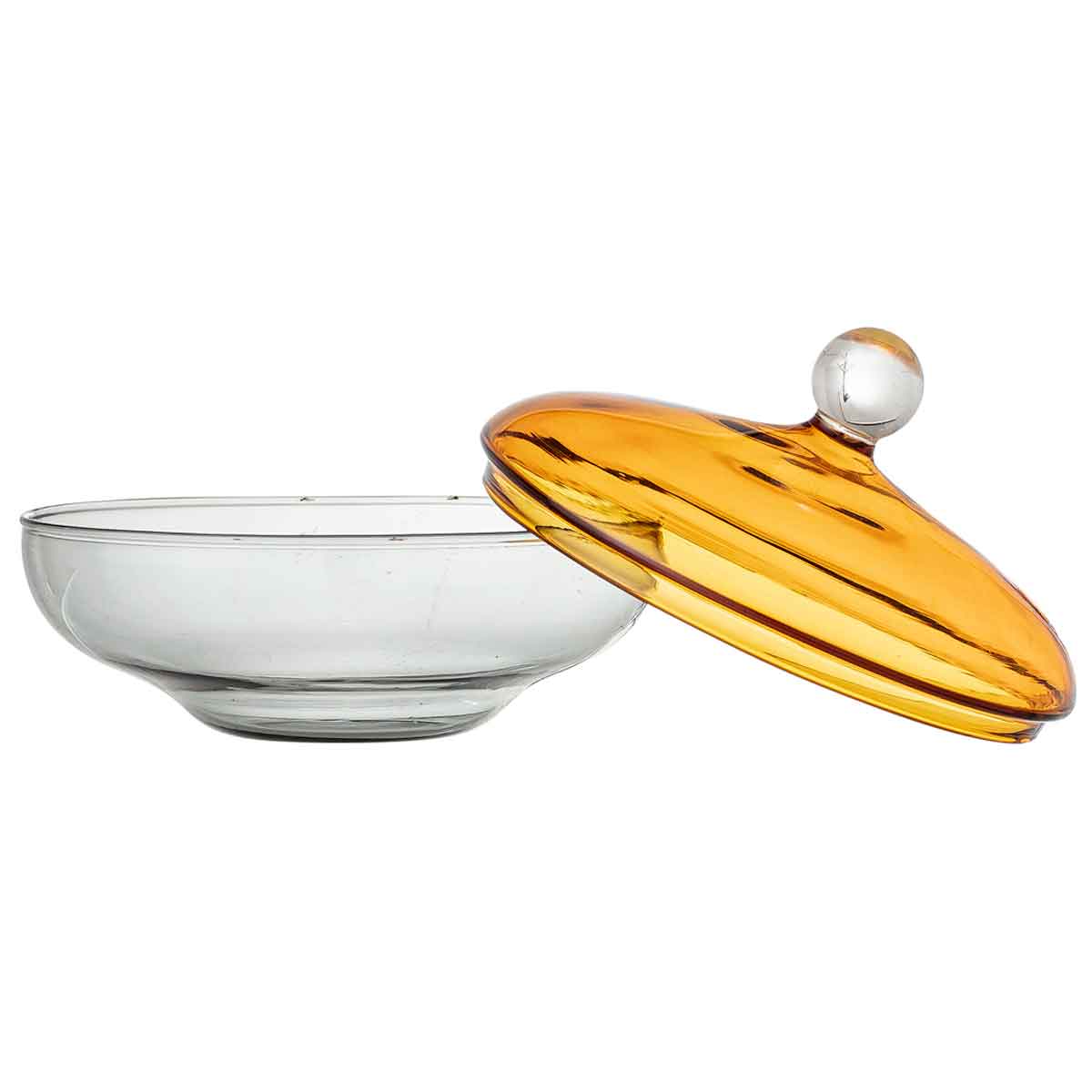 Glasdose_Bloomingville_82052251_1 Runde Glasdose mit gelbem Deckel - Solo mit geöffnetem Deckel