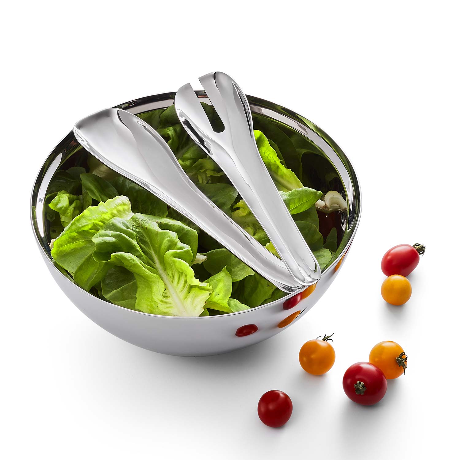Salatschale_mit_Besteck Runde Salatschüssel aus Edelstahl mit Tomaten Deko