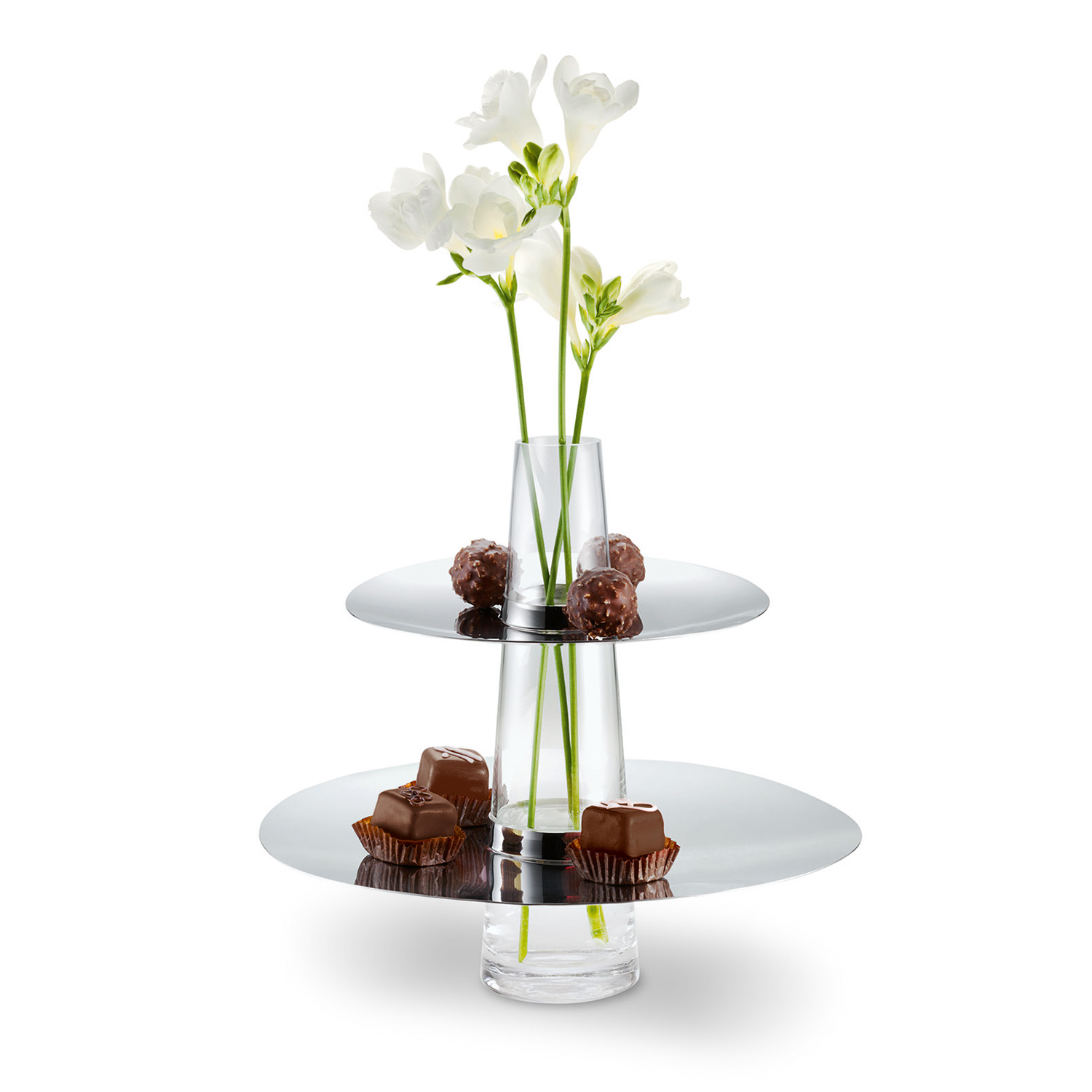 Etagere aus Glas und Edelstahl als Blumenvase