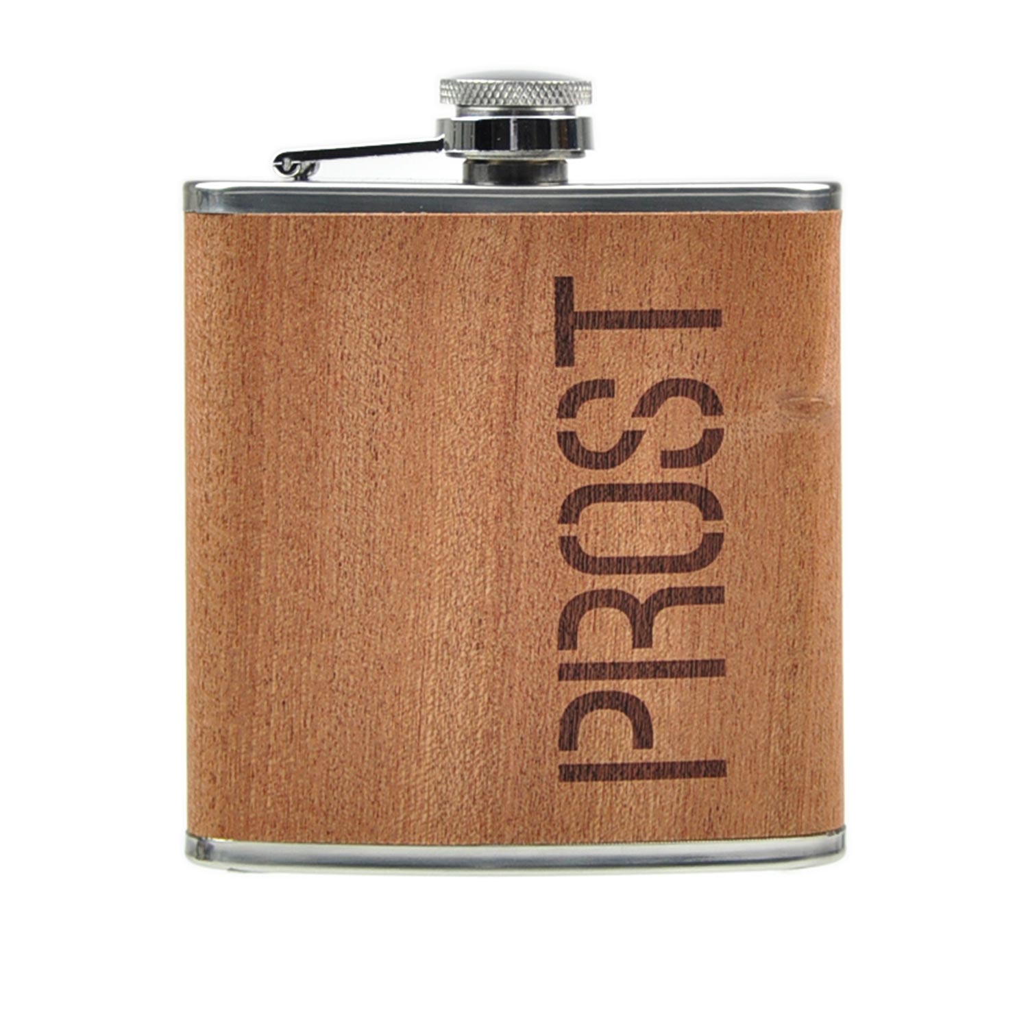Flachmann-FL001 Wanderflasche aus Edelstahl & Holz mit Trinkspruch PROST - Flachmann zum Wandern