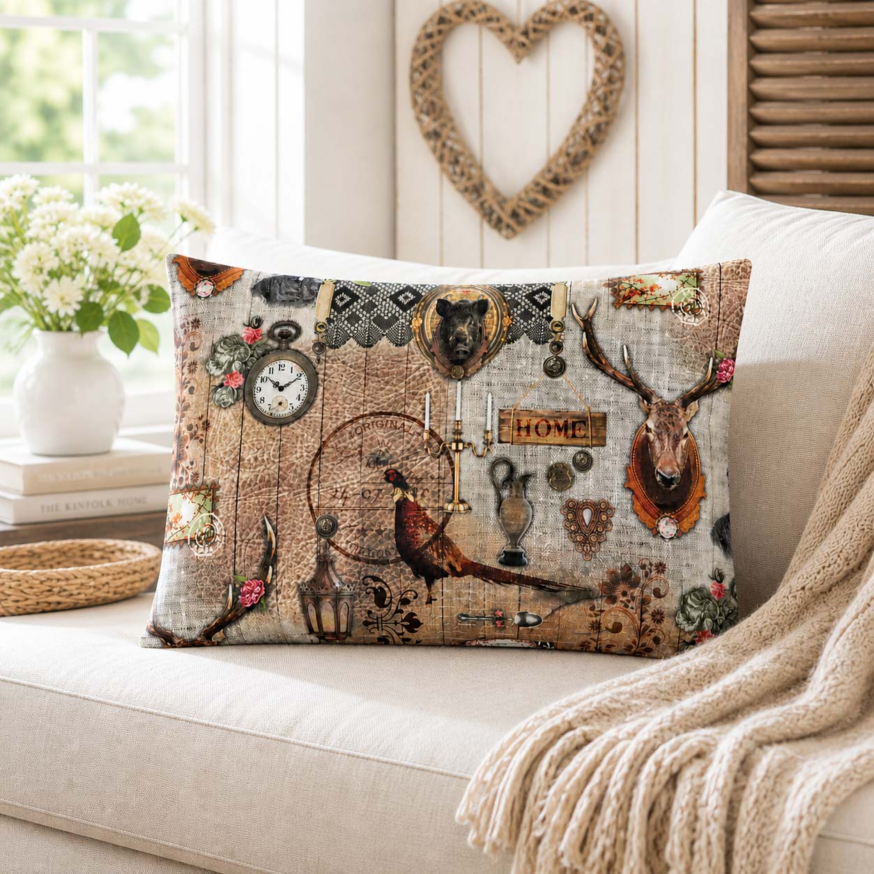 Dekokissen im Landhausstil | Jagdhaus | Zierkissen Hirschgeweih | Kissen mit Hütten-Motiven