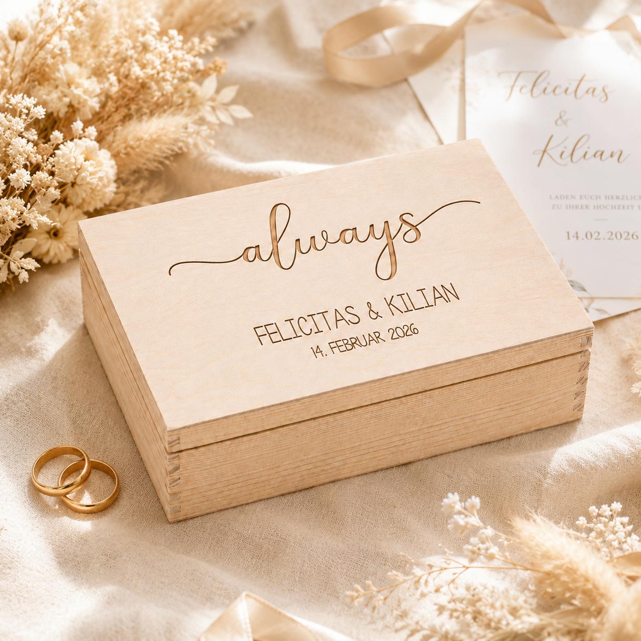 Personalisierte Hochzeitsbox mit Gravur 'always' | Erinnerungskiste aus Holz mit Klappdeckel