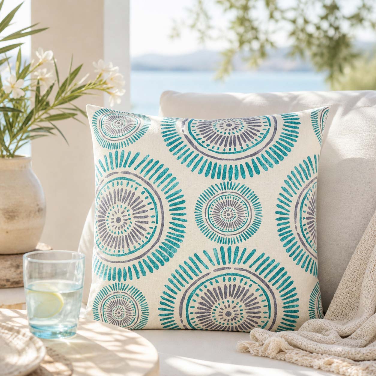 Dekokissen im Ethno-Style | Zierkissen in Leinenoptik | Couchkissen mit Kreis-Muster | Ethno Muster